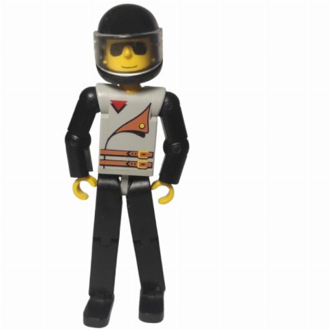Minifigurka Technic Figure Black Legs, Light Gray Top with 2 Brown Belts, Black Arms - Black Helmet