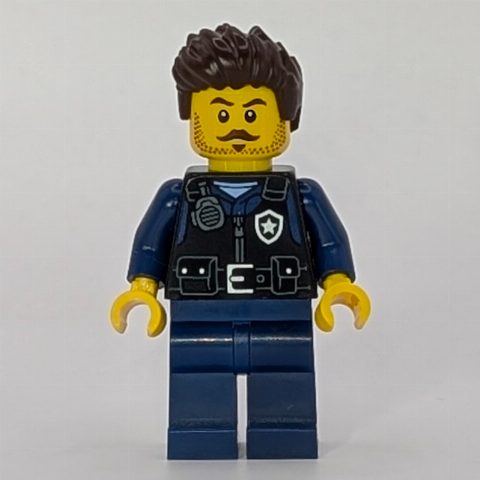 Minifigurka Police Officer, Black Vest, Dark Blue Legs, Dark Brown Hair, Moustache