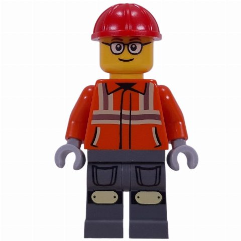 Minifigurka Construction Worker, Reddish Orange Safety Jacket, Red Helmet