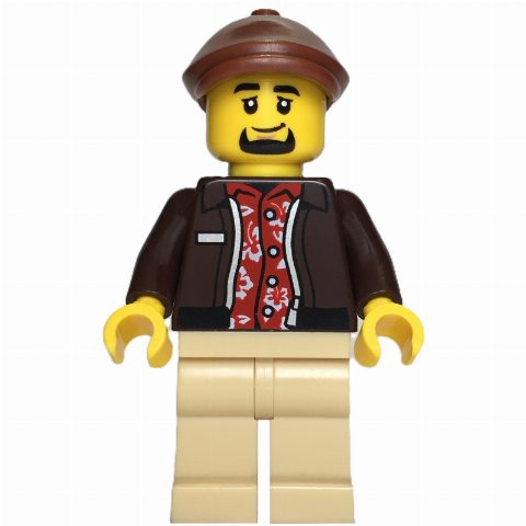Minifigurka Taxi Driver, Dark Brown Jacket, Tan Legs, Reddish Brown Hat