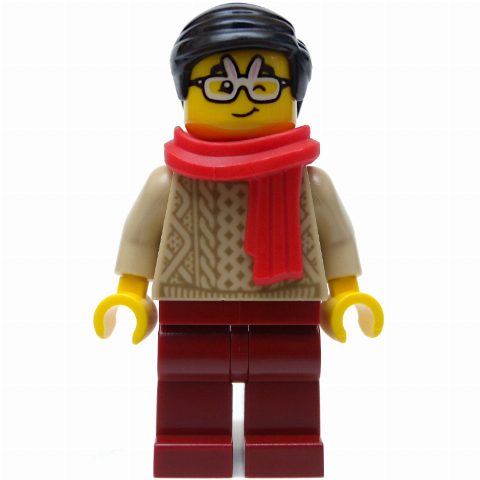 Minifigurka Tan Torso, Dark Red Legs, Black Hair, Red Scarf