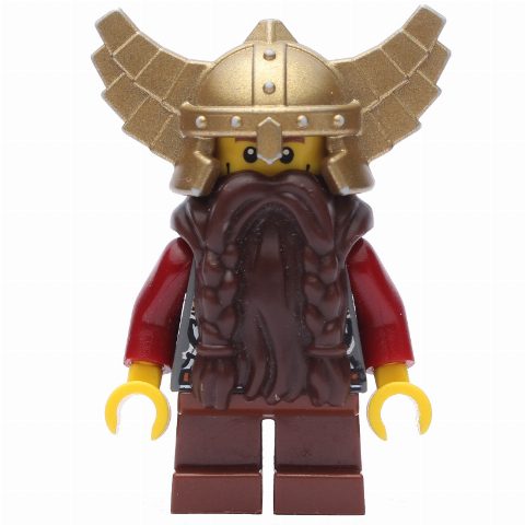 Minifigurka Dwarf, Dark Brown Beard, Metallic Gold Winged Helmet