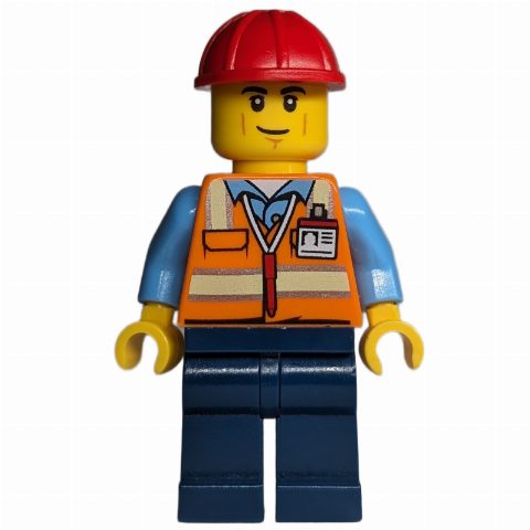 Minifigurka Construction Worker - Orange Torso, Dark Blue Legs, Red Helmet, Smirk