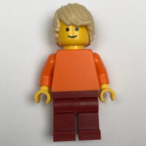 Minifigurka Man, Plain Orange Torso, Dark Red Legs, Tan Hair
