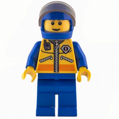 Minifigurka Coast Guard, Yellow Jacket with Zipper, Radio and Badge, Blue Helmet with Visor, Brown Eyebrows