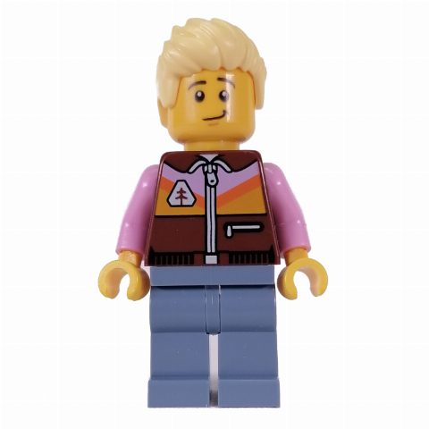 Minifigurka Reddish Brown Torso, Sand Blue Legs, Bright Light Yellow Hair