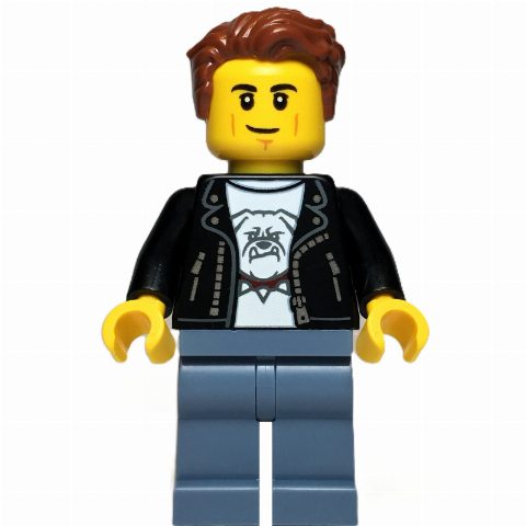 Minifigurka Man, Black Leather Jacket, Sand Blue Legs, Reddish Brown Hair