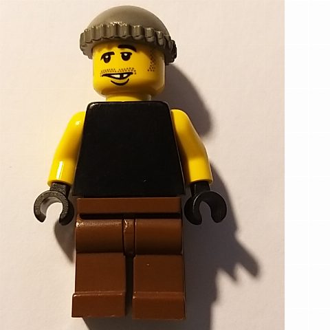 Minifigurka Man, Black Tank Top with Yellow Arms, Brown Legs, Dark Gray Hat