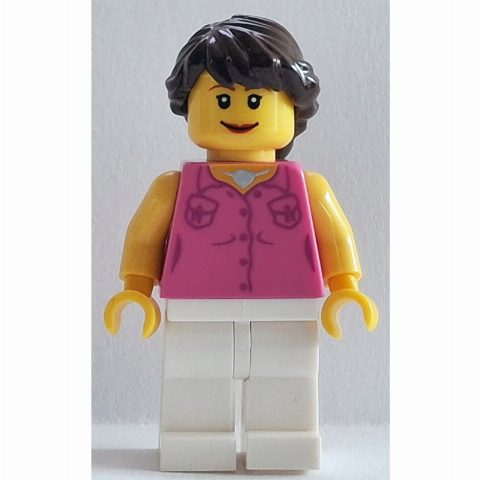 Minifigurka Female, Dark Pink Vest and Necklace, White Legs, Dark Brown Hair French Braided