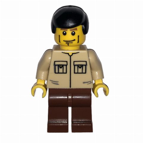 Minifigurka Man, Tan Shirt with Pockets, Reddish Brown Legs, Black Hair