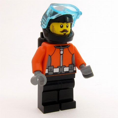 Minifigurka Aaron Apnea, Diver, Reddish Orange Wetsuit, Black Legs, Black Helmet, Moustache