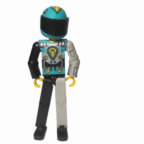 Minifigurka Technic Figure Black/Light Gray Legs, Dark Turquoise Torso with Yellow, Black, Silver Print, Light Gray Mechanical Left Arm - Printed Helmet