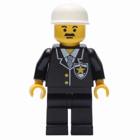 Minifigurka Policeman, Black Jacket with Tie and Badge, Black Legs, White Cap, Moustache