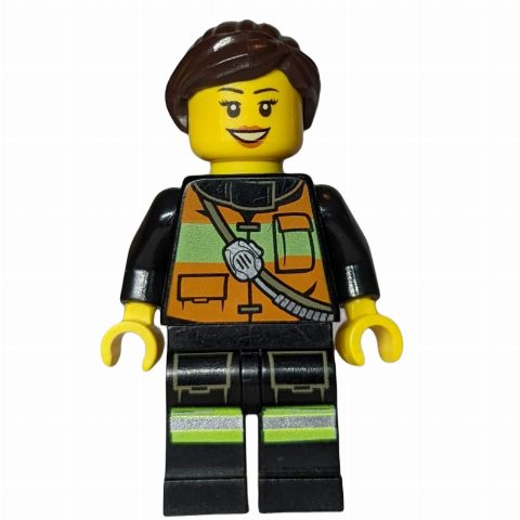 Minifigurka Firewoman, Orange Safety Vest with Radio, Dark Brown Hair