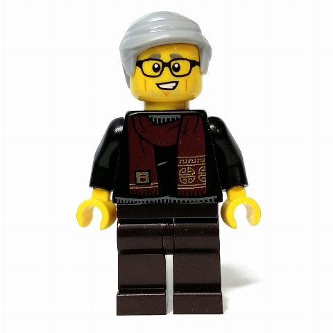 Minifigurka Black Torso, Dark Brown Legs, Light Bluish Grey Hair