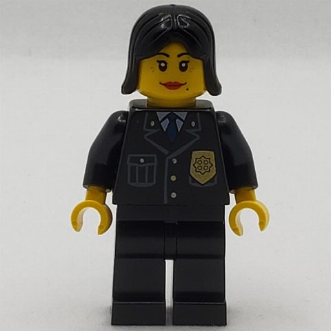 Minifigurka Policewoman, Black Jacket with Badge, Pocket, and Black Tie, Black Hair