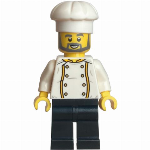 Minifigurka Chef - White Torso, Black Legs, White Hat, Dark Bluish Grey Beard
