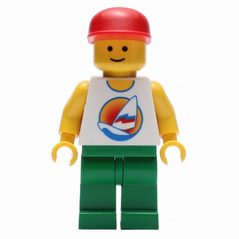 Minifigurka White Torso with Surfboard, Green Legs, Red Cap (3626b Head)