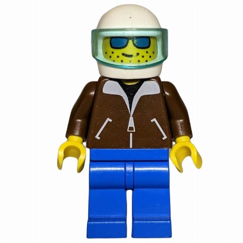 Minifigurka Man, Brown Jacket, Blue Legs, White Helmet with Visor, Blue Sunglasses