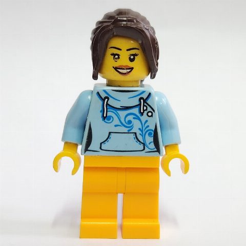 Minifigurka Bright Light Blue Torso, Bright Light Orange Legs, Dark Brown Hair