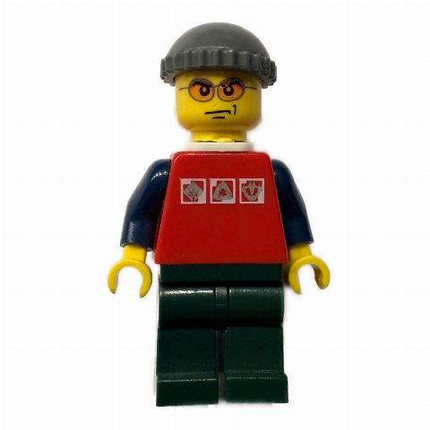 Minifigurka Man, Red Shirt with Dark Blue Arms, Dark Bluish Gray Hat, Orange Sunglasses