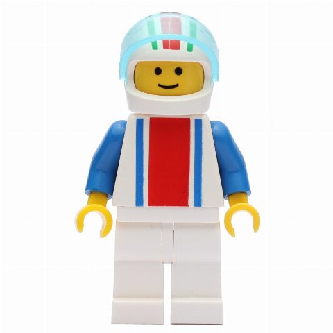 Minifigurka Racer - White Torso with Red/Blue Stripes, White Legs, White Helmet