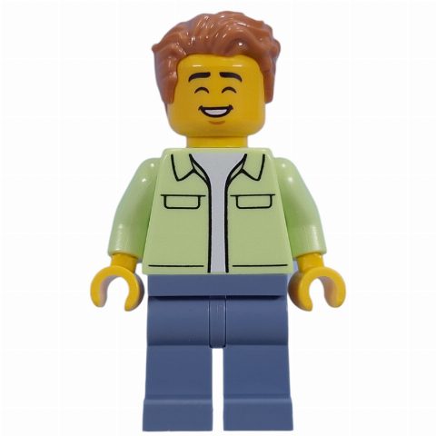 Minifigurka Visitor, Yellowish Green Torso, Sand Blue Legs, Medium Nougat Hair