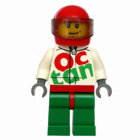 Minifigurka Racer, White and Green Jumpsuit with Large 'Octan', Red Helmet with Visor, Stubble