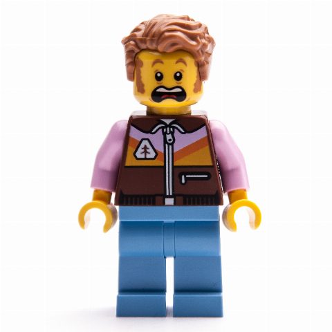 Minifigurka Man, Reddish Brown Jacket, Medium Blue Legs, Medium Nougat Hair