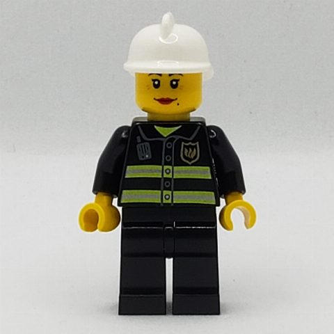 Minifigurka Firewoman, Black Fire Jacket with Radio and Badge, White Helmet