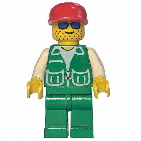 Minifigurka Man, Green Jacket, Green Legs, Red Cap, Blue Sunglasses