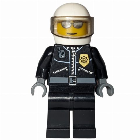 Minifigurka Policeman, Black Jacket with Radio and Badge, White Helmet with Visor, Sunglasses