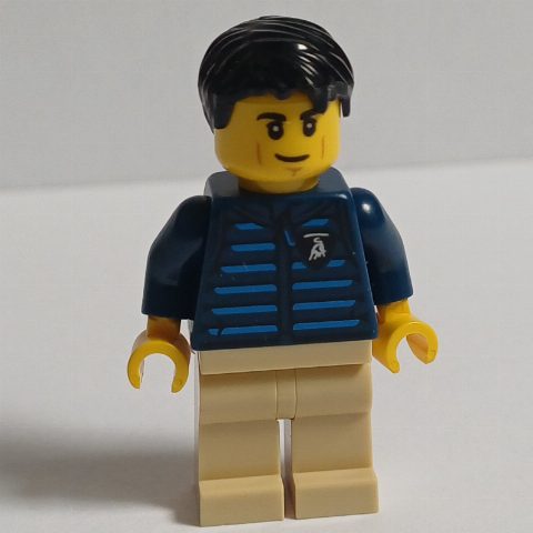Minifigurka Lamborghini Driver, Dark Blue Torso, Tan Legs, Black Hair