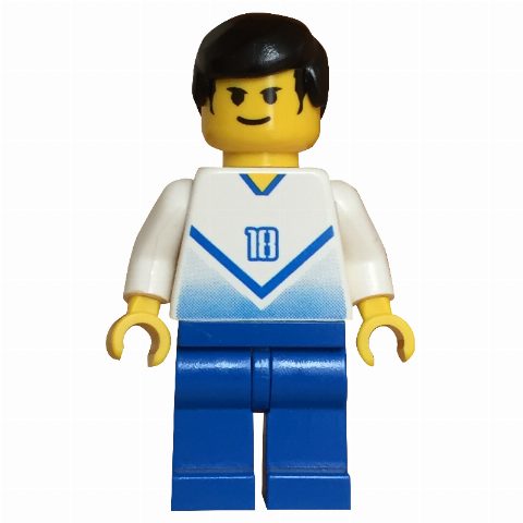 Minifigurka Soccer Player White Torso, Blue Legs, #18