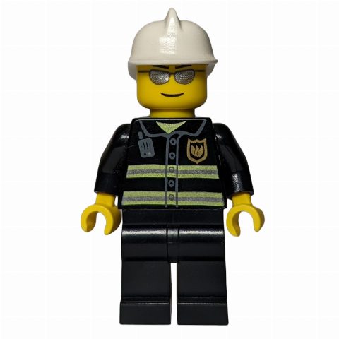 Minifigurka Fireman, Black Fire Jacket, White Helmet, Silver Sunglasses