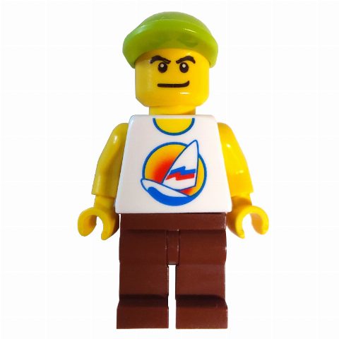 Minifigurka White Torso with Surfboard, Reddish Brown Legs, Lime Cap
