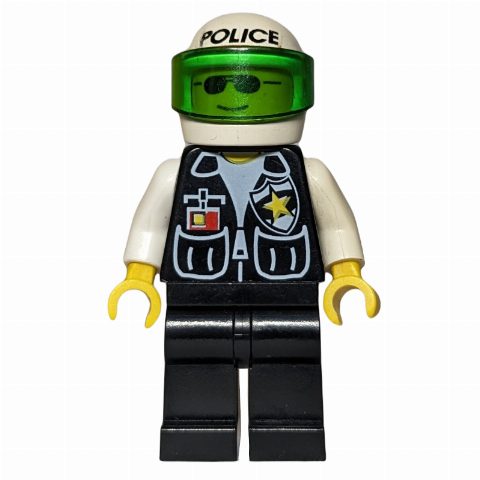 Minifigurka Policeman, Black Vest with Badge and Pockets, White Helmet with 'POLICE' and Trans-Green Visor, Sunglasses