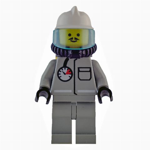 Minifigurka Fireman, Shirt with Gauge and Pocket, Light Gray Legs, White Helmet, Breathing Apparatus, Airtanks, Moustache