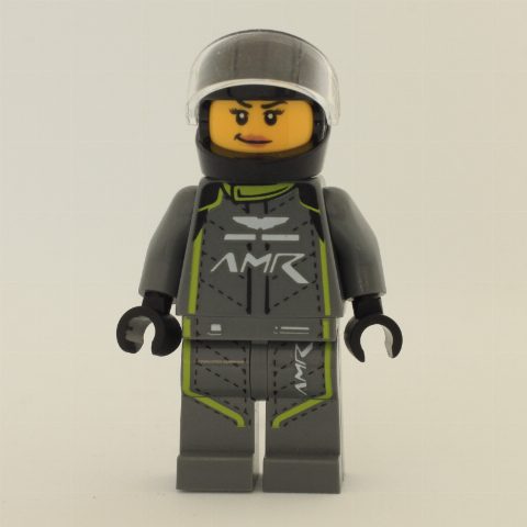 Minifigurka Race Driver, Dark Bluish Gray Racing Suit with Lime Trim, Black Helmet