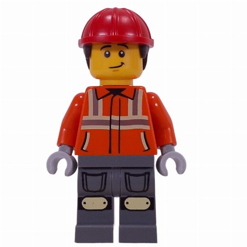 Minifigurka Construction Worker, Reddish Orange Safety Jacket, Dark Bluish Gray Legs, Red Helmet