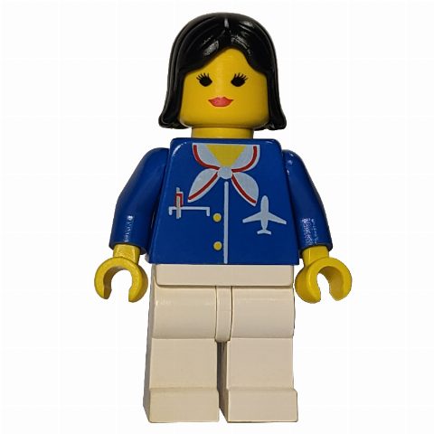Minifigurka Airline Worker, Woman, Blue Jacket with Plane Logo and White Scarf, White Legs, Black Hair, Red Lips