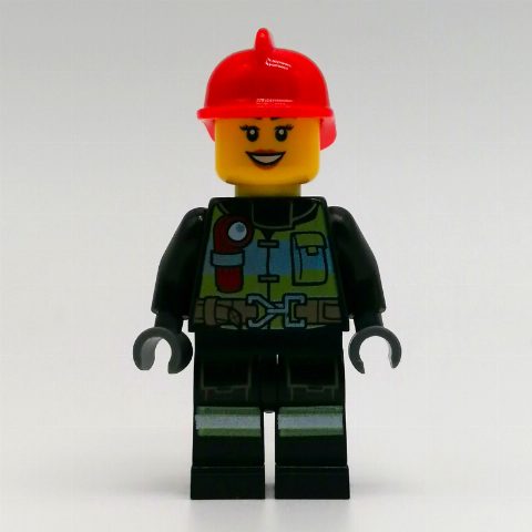 Minifigurka Fire Fighter - Black Torso, Black Legs, Red Helmet, Female