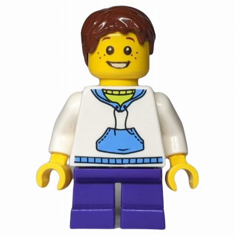 Minifigurka Boy, White and Blue Hoodie, Short Dark Purple Legs, Reddish Brown Hair