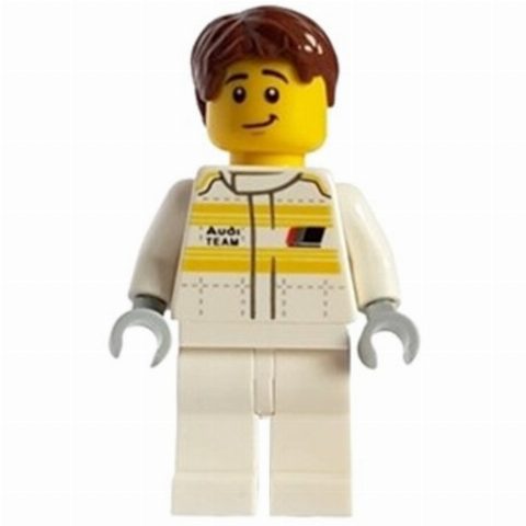 Minifigurka Race Driver, Audi, White Torso, White Legs, Reddish Brown Hair