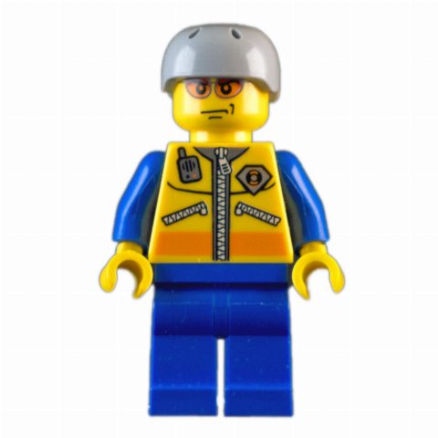 Minifigurka Coast Guard, Yellow Jacket with Zipper, Radio and Badge, Light Bluish Gray Helmet, Orange Sunglasses