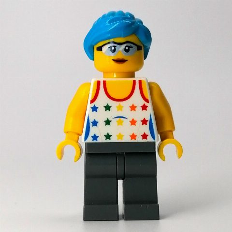 Minifigurka White Torso, Dark Bluish Grey Legs, Dark Azure Hair