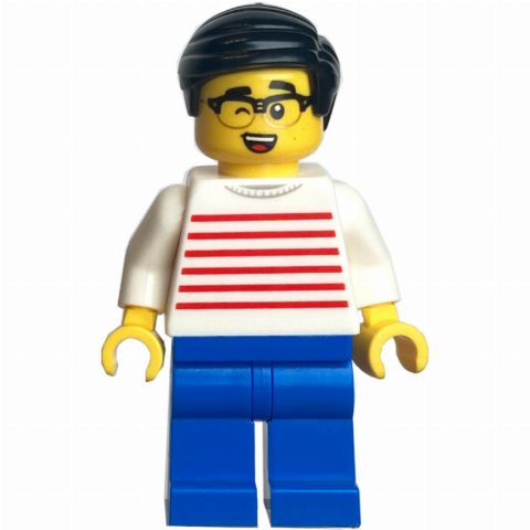 Minifigurka White Striped Torso, Blue Legs, Black Hair