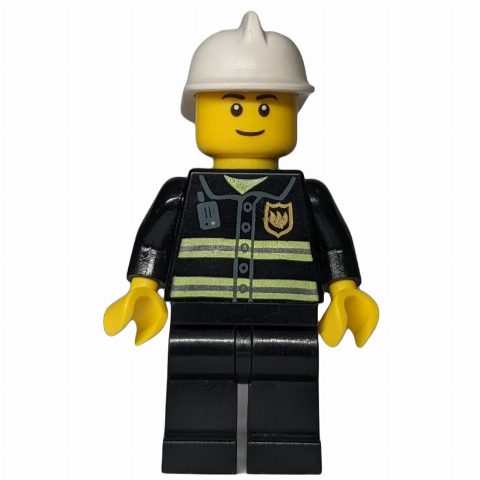 Minifigurka Fireman, Black Fire Jacket with Radio and Badge, White Helmet, Black Eyebrows