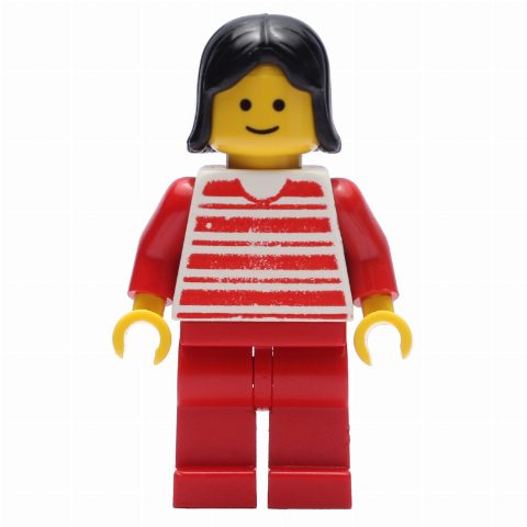 Minifigurka Woman - Red and White Striped Shirt, Red Legs, Black Hair (3626b Head)