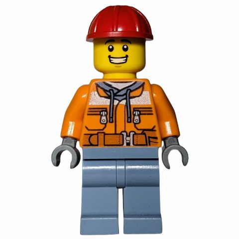 Minifigurka Construction Worker, Safety Jacket over Hoodie with Belt, Sand Blue Legs, Red Hard Hat